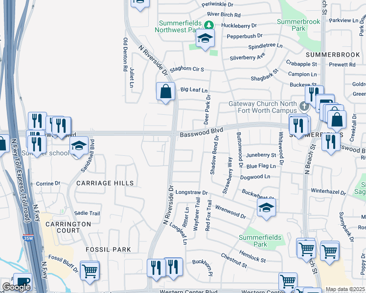 map of restaurants, bars, coffee shops, grocery stores, and more near 3724 Basswood Boulevard in Fort Worth