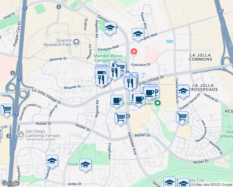 map of restaurants, bars, coffee shops, grocery stores, and more near 4200 Brooke Court in San Diego