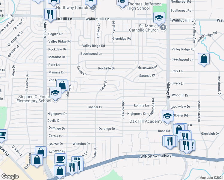 map of restaurants, bars, coffee shops, grocery stores, and more near 3943 Dunhaven Road in Dallas