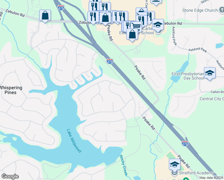 map of restaurants, bars, coffee shops, grocery stores, and more near 721 North Confederate Drive in Macon