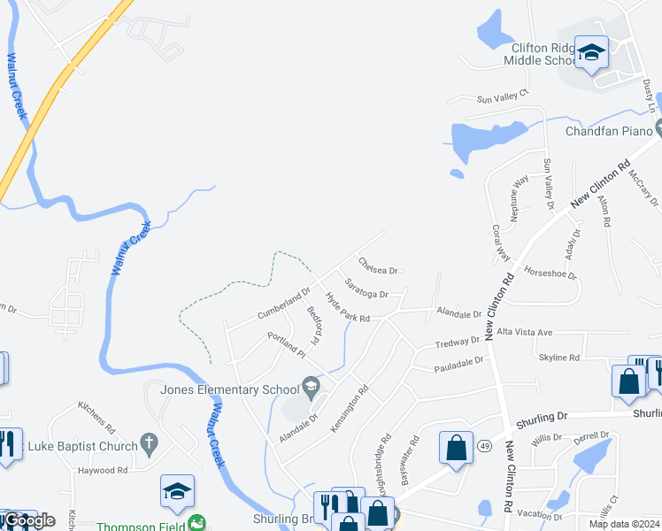 map of restaurants, bars, coffee shops, grocery stores, and more near 2620 Cumberland Drive in Macon