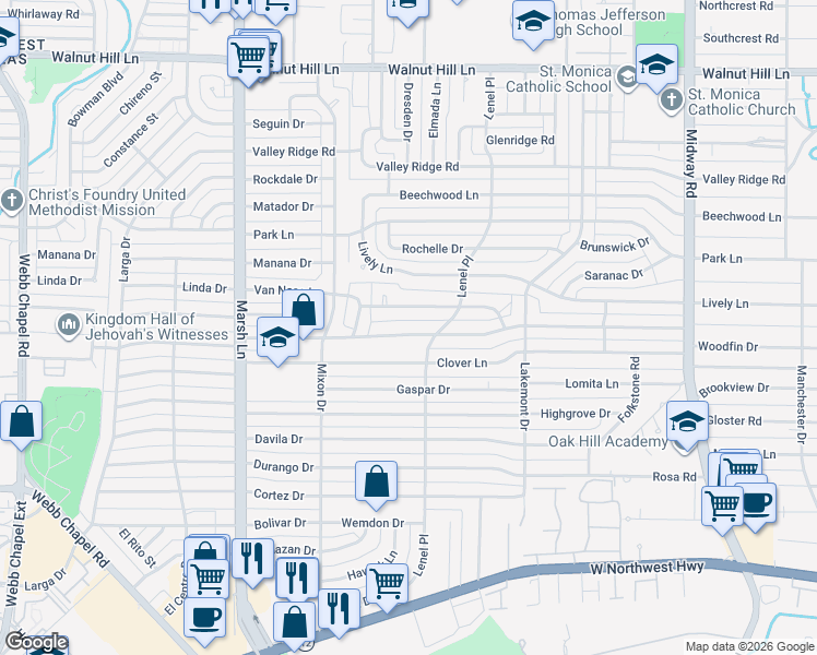 map of restaurants, bars, coffee shops, grocery stores, and more near 3870 Van Ness Lane in Dallas