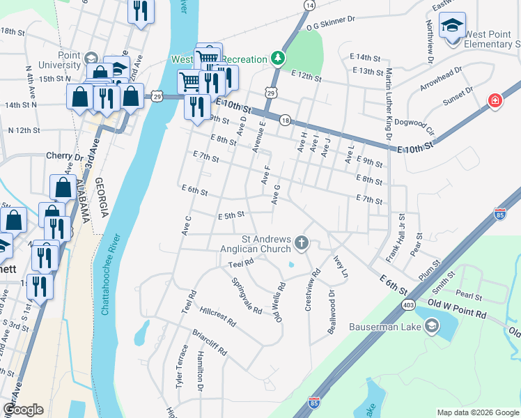map of restaurants, bars, coffee shops, grocery stores, and more near 518 East 6th Street in West Point