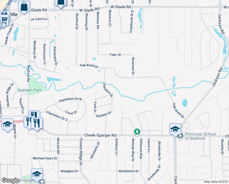 map of restaurants, bars, coffee shops, grocery stores, and more near 4208 Cheshire Drive in Colleyville