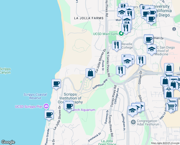 map of restaurants, bars, coffee shops, grocery stores, and more near 9420 La Jolla Shores Drive in San Diego