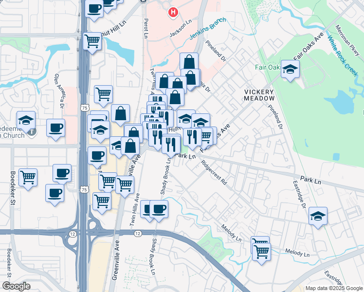 map of restaurants, bars, coffee shops, grocery stores, and more near 8333 Park Lane in Dallas