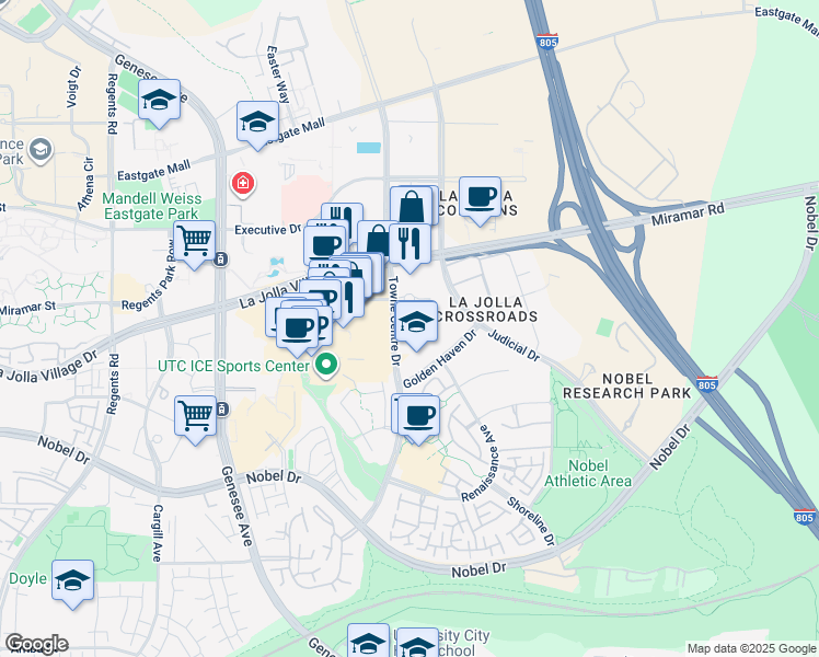 map of restaurants, bars, coffee shops, grocery stores, and more near 9171 Towne Centre Drive in San Diego