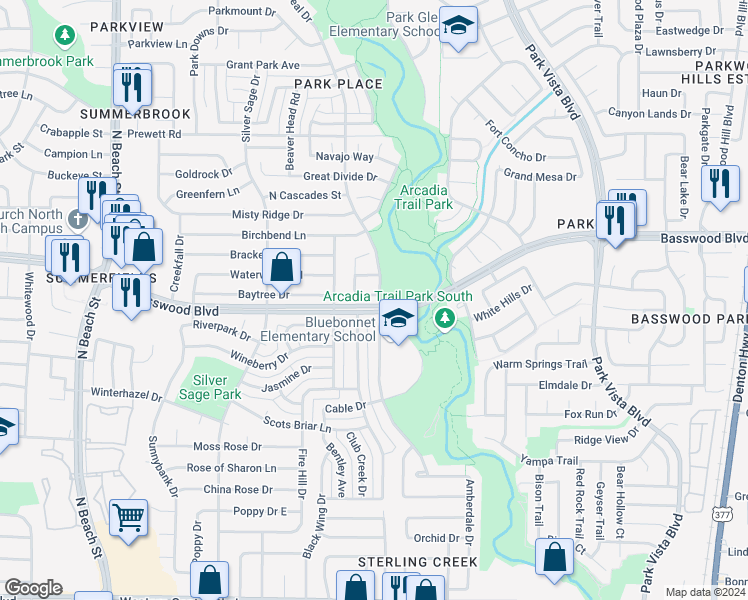 map of restaurants, bars, coffee shops, grocery stores, and more near 4820 Davy Crockett Trail in Fort Worth