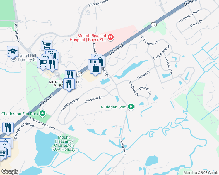 map of restaurants, bars, coffee shops, grocery stores, and more near 1226 Spoon Court in Mount Pleasant