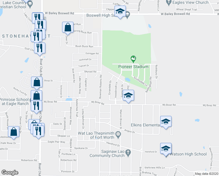 map of restaurants, bars, coffee shops, grocery stores, and more near 7440 Errandale Drive in Fort Worth
