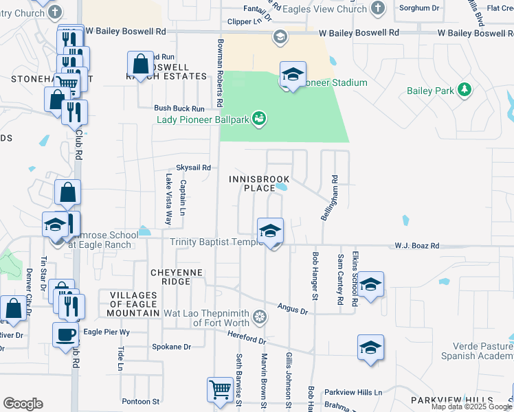 map of restaurants, bars, coffee shops, grocery stores, and more near 7524 Innisbrook Lane in Fort Worth