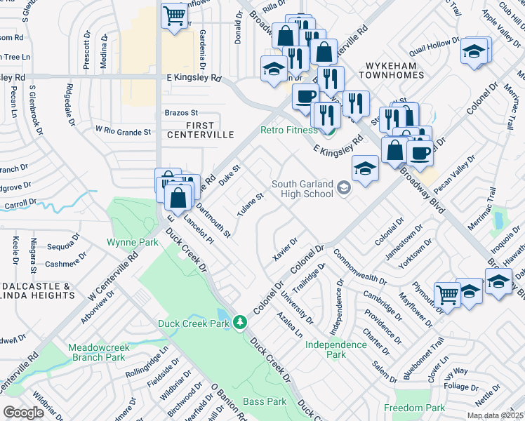 map of restaurants, bars, coffee shops, grocery stores, and more near 3605 Columbia Boulevard in Garland