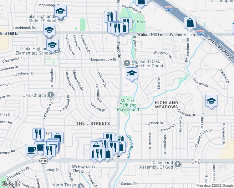 map of restaurants, bars, coffee shops, grocery stores, and more near 10660 Lake Haven Drive in Dallas