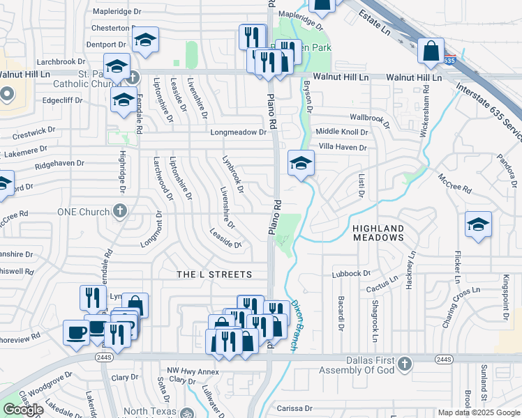 map of restaurants, bars, coffee shops, grocery stores, and more near 10660 Lake Haven Drive in Dallas