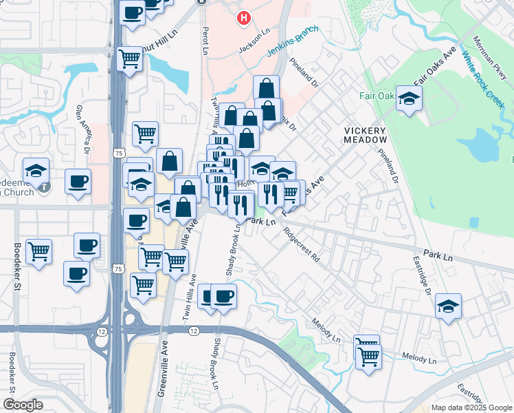map of restaurants, bars, coffee shops, grocery stores, and more near 5814 Ridgecrest Road in Dallas