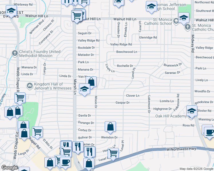 map of restaurants, bars, coffee shops, grocery stores, and more near 9760 Mixon Drive in Dallas