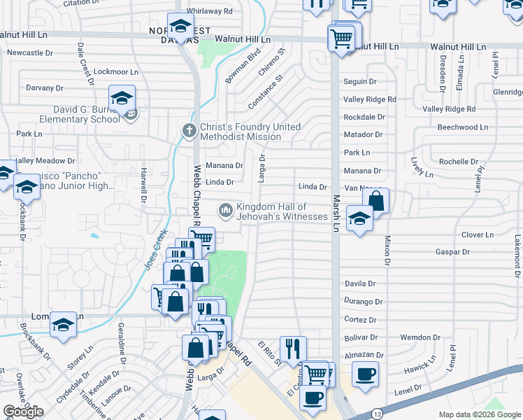 map of restaurants, bars, coffee shops, grocery stores, and more near 9739 Larga Drive in Dallas