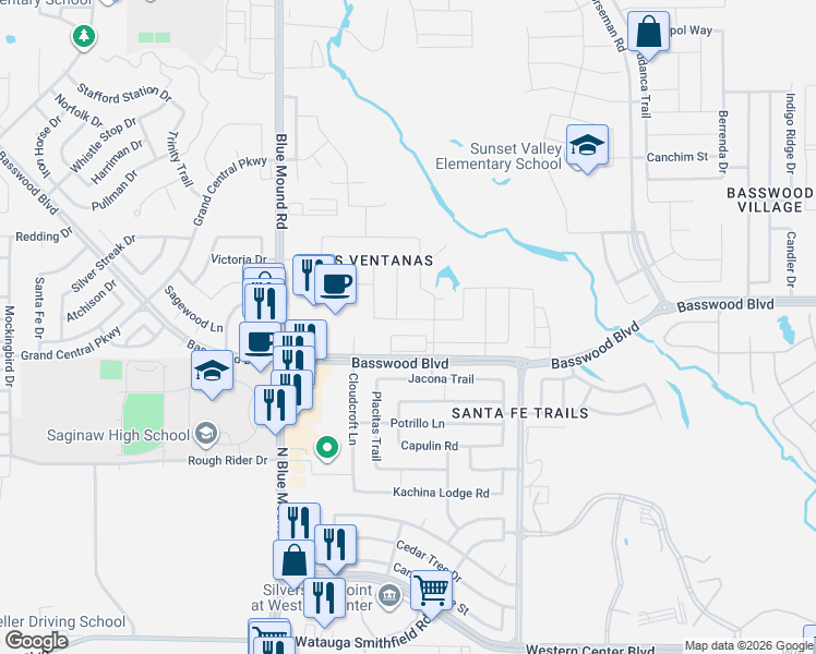 map of restaurants, bars, coffee shops, grocery stores, and more near 7201 Navoti Trail in Fort Worth