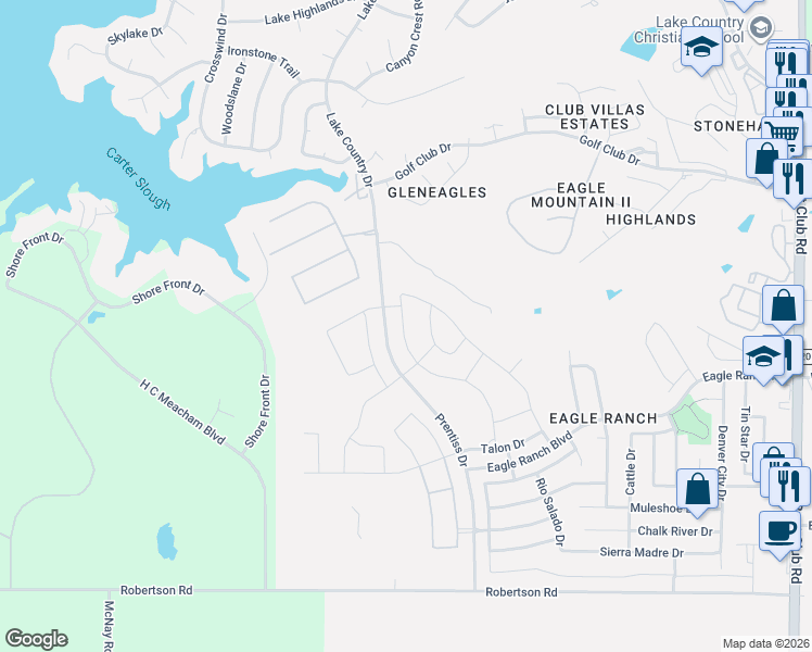 map of restaurants, bars, coffee shops, grocery stores, and more near 3901 Stoneshire Court in Fort Worth