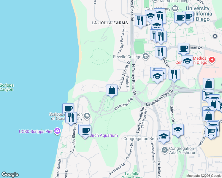 map of restaurants, bars, coffee shops, grocery stores, and more near 9420 La Jolla Shores Drive in San Diego