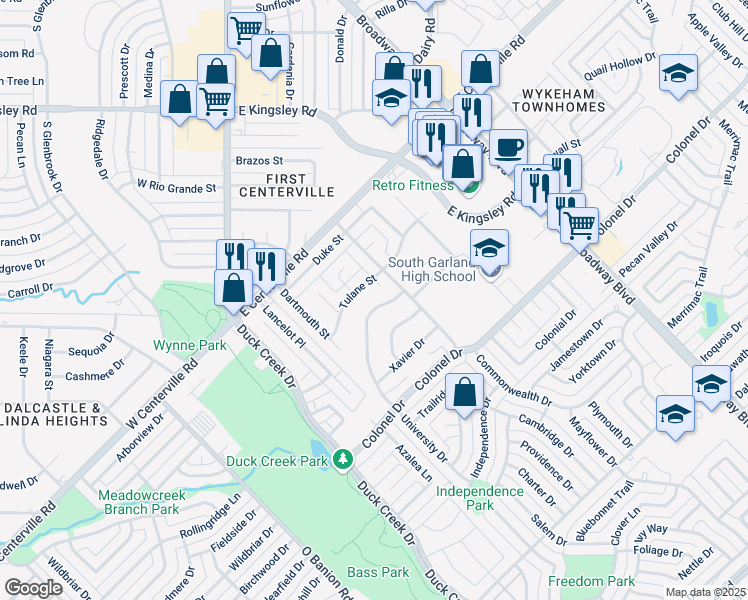 map of restaurants, bars, coffee shops, grocery stores, and more near 3605 Columbia Boulevard in Garland