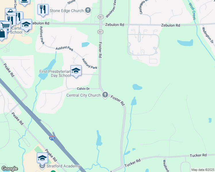 map of restaurants, bars, coffee shops, grocery stores, and more near 574 Foster Road in Macon