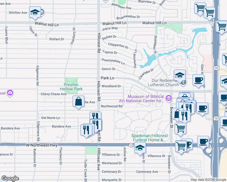 map of restaurants, bars, coffee shops, grocery stores, and more near 7010 Woodland Drive in Dallas
