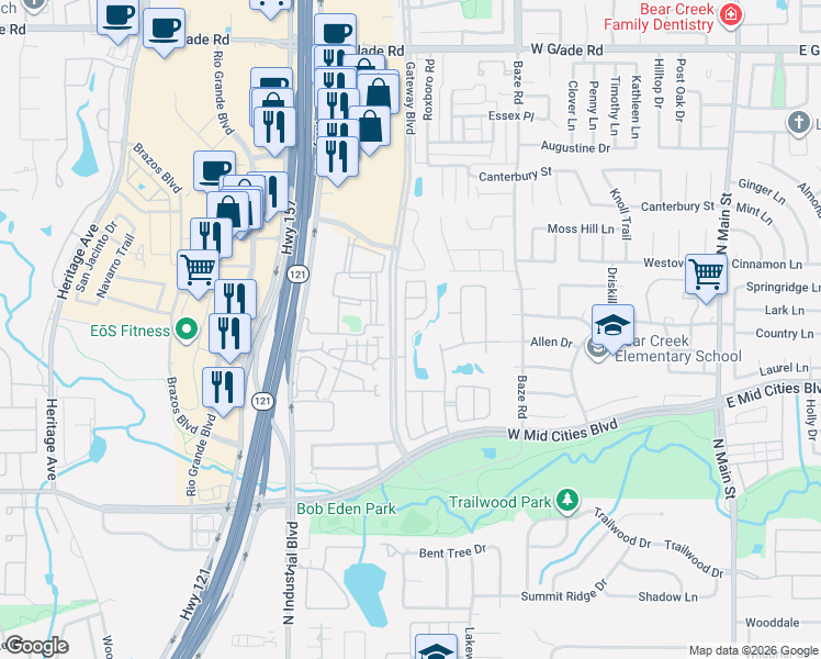 map of restaurants, bars, coffee shops, grocery stores, and more near 2505 Kodiak Circle in Euless