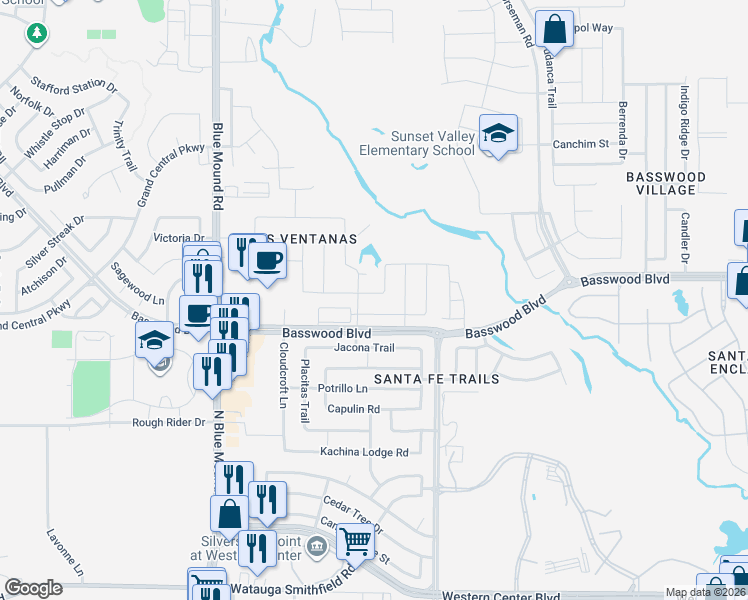 map of restaurants, bars, coffee shops, grocery stores, and more near 1840 Rio Costilla Road in Fort Worth