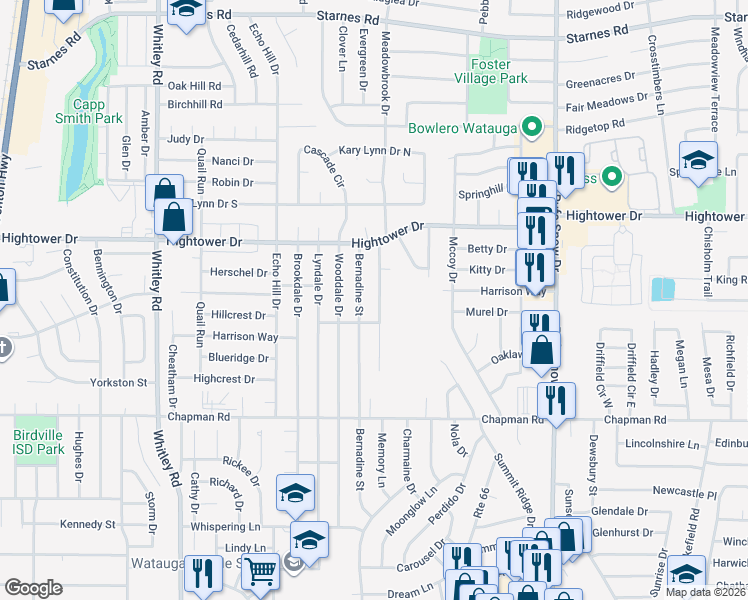 map of restaurants, bars, coffee shops, grocery stores, and more near 6917 Quail Meadow Drive in Watauga