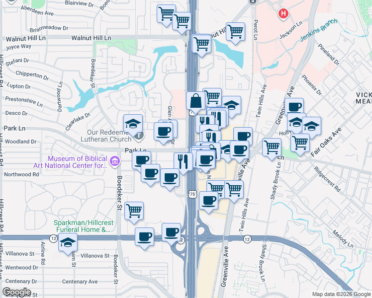 map of restaurants, bars, coffee shops, grocery stores, and more near 7843 Park Ln in Dallas