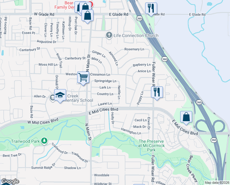 map of restaurants, bars, coffee shops, grocery stores, and more near 2506 Nettle Lane in Euless