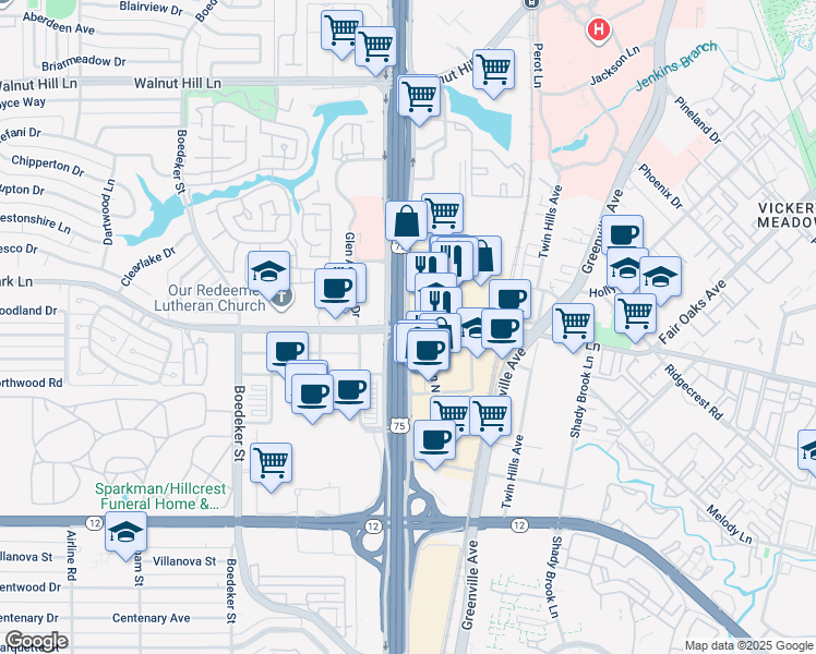 map of restaurants, bars, coffee shops, grocery stores, and more near 8067 Park Lane in Dallas