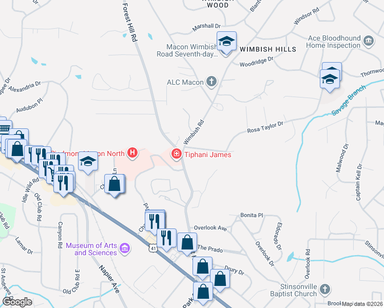 map of restaurants, bars, coffee shops, grocery stores, and more near 417 Northminster Drive in Macon