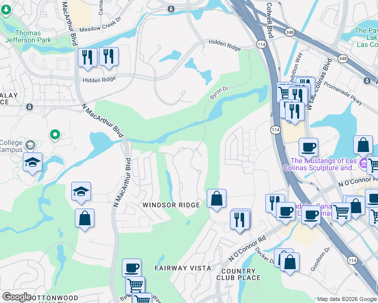 map of restaurants, bars, coffee shops, grocery stores, and more near 4612 Byron Circle in Irving