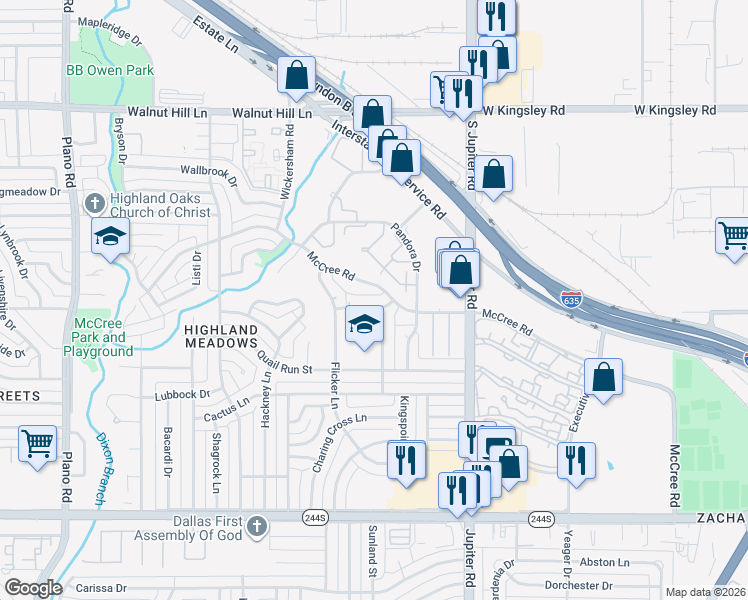 map of restaurants, bars, coffee shops, grocery stores, and more near 11305 McCree Road in Dallas