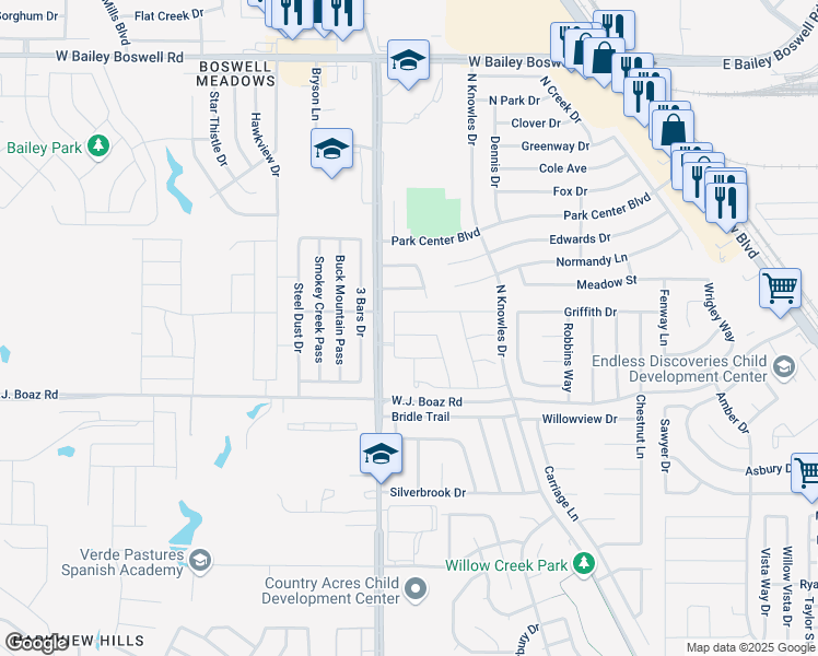 map of restaurants, bars, coffee shops, grocery stores, and more near 725 Ravenwood Drive in Fort Worth