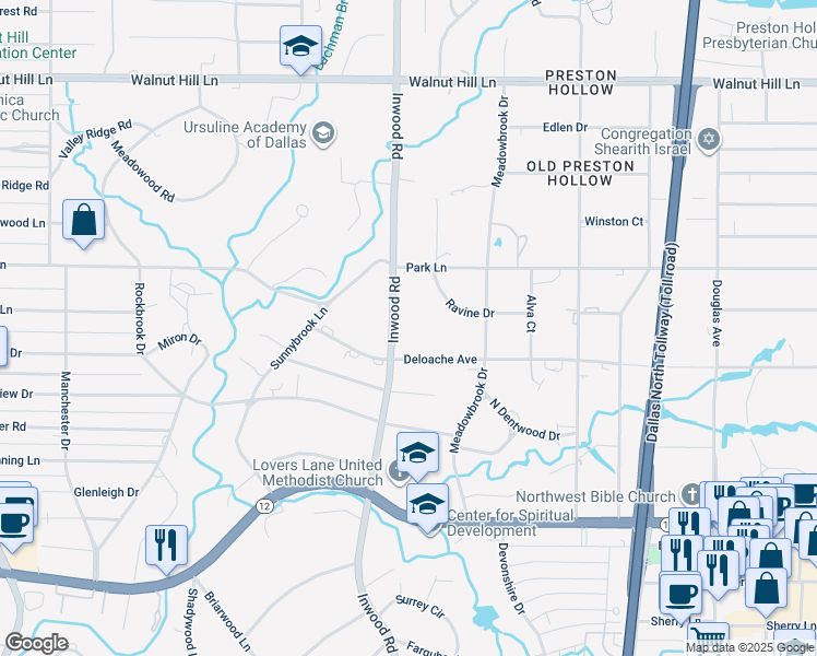 map of restaurants, bars, coffee shops, grocery stores, and more near 9438 Inwood Road in Dallas