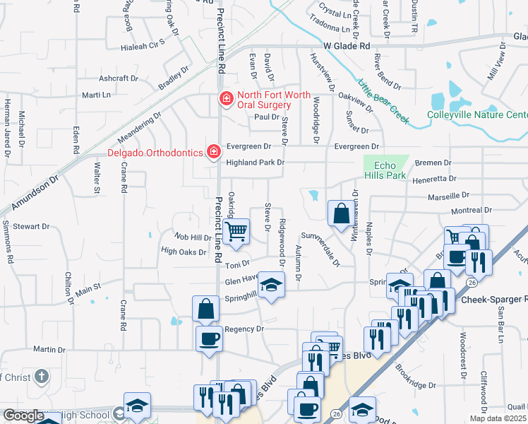 map of restaurants, bars, coffee shops, grocery stores, and more near 765 Ridgewood Circle in Hurst