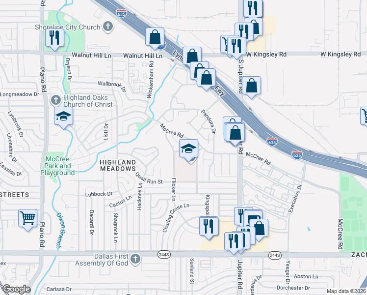 map of restaurants, bars, coffee shops, grocery stores, and more near 11236 McCree Road in Dallas