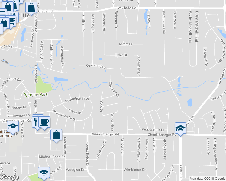 map of restaurants, bars, coffee shops, grocery stores, and more near 4220 Cheshire Drive in Colleyville