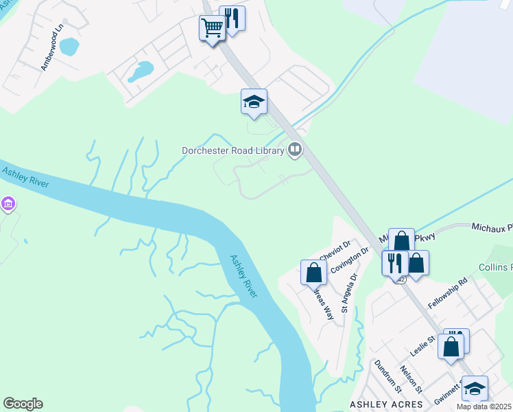 map of restaurants, bars, coffee shops, grocery stores, and more near 4449 Great Oak Drive in North Charleston