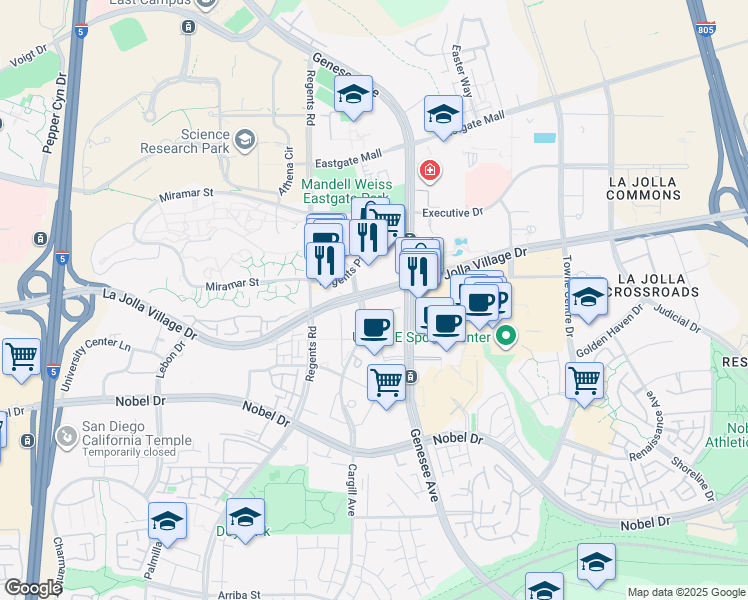 map of restaurants, bars, coffee shops, grocery stores, and more near 4216 La Jolla Village Drive in San Diego