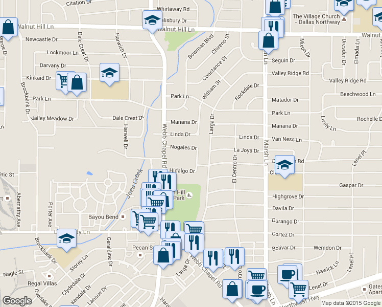 map of restaurants, bars, coffee shops, grocery stores, and more near 3453 Nogales Drive in Dallas
