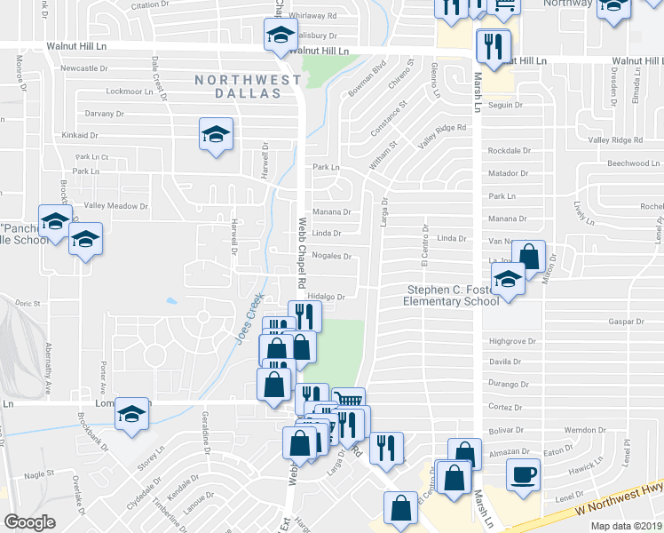 map of restaurants, bars, coffee shops, grocery stores, and more near 3453 Nogales Drive in Dallas