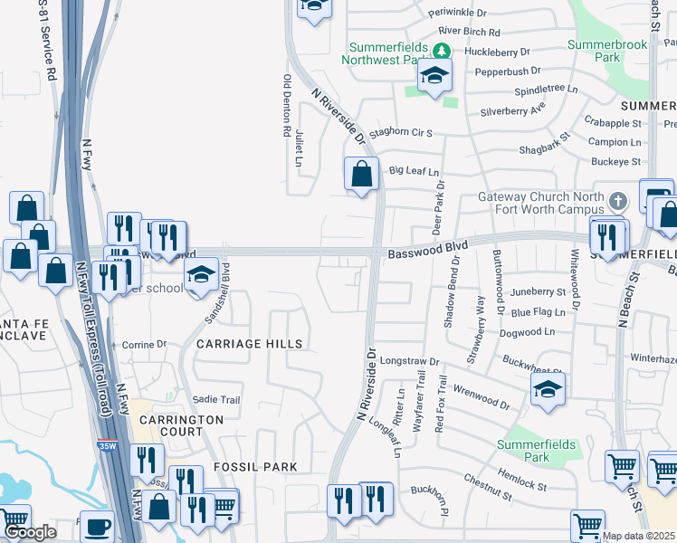 map of restaurants, bars, coffee shops, grocery stores, and more near 3501 Meares Drive in Fort Worth
