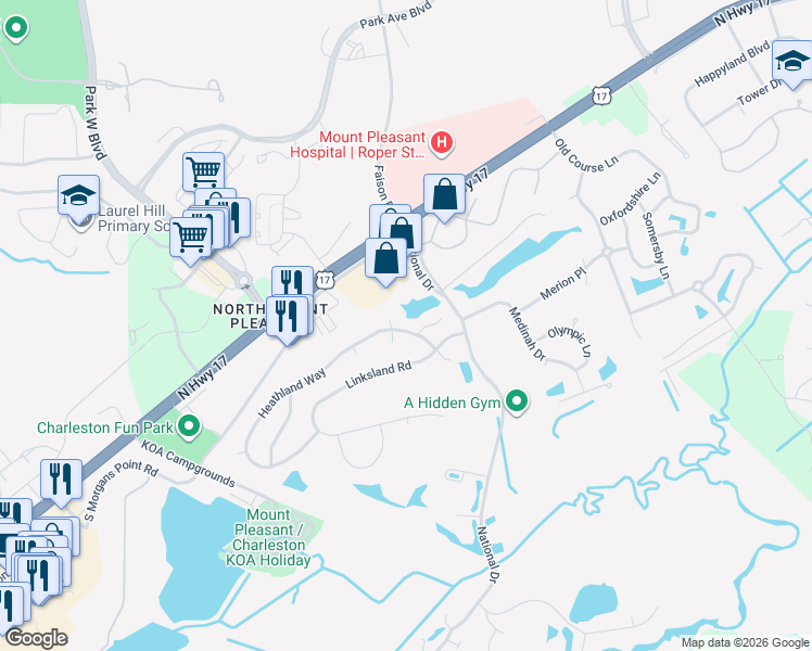 map of restaurants, bars, coffee shops, grocery stores, and more near 3305 Heathland Way in Mount Pleasant