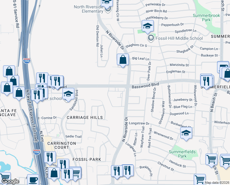 map of restaurants, bars, coffee shops, grocery stores, and more near 3501 Meares Drive in Fort Worth