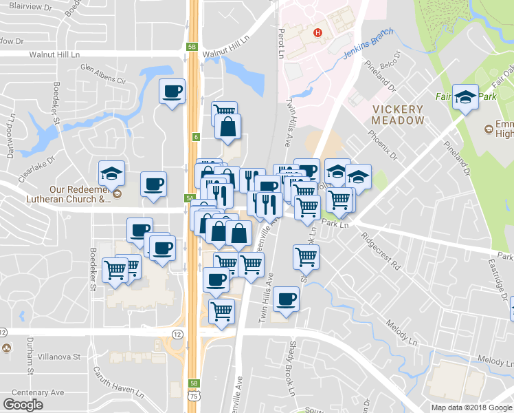 map of restaurants, bars, coffee shops, grocery stores, and more near 8139 Park Ln in Dallas