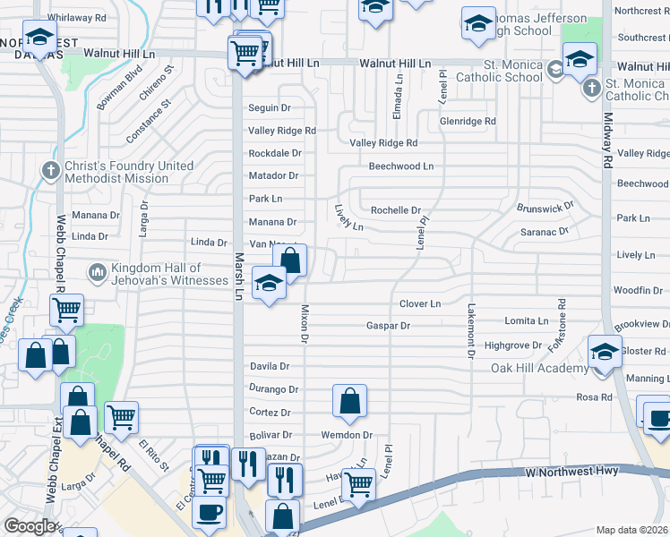 map of restaurants, bars, coffee shops, grocery stores, and more near 9741 Post Drive in Dallas
